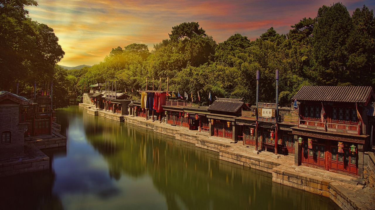 beijing river village summer palace lake creek nature landscape sunset china