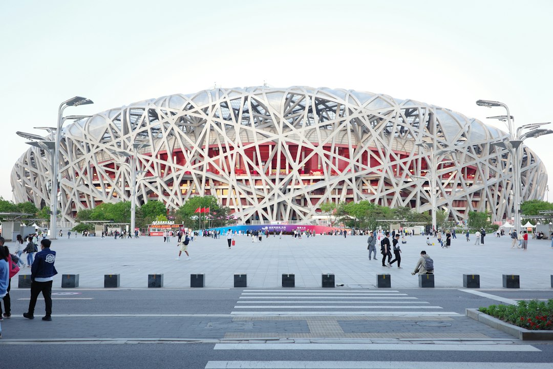 The Beijing National Stadium with its lattice steel structure in Beijing, China