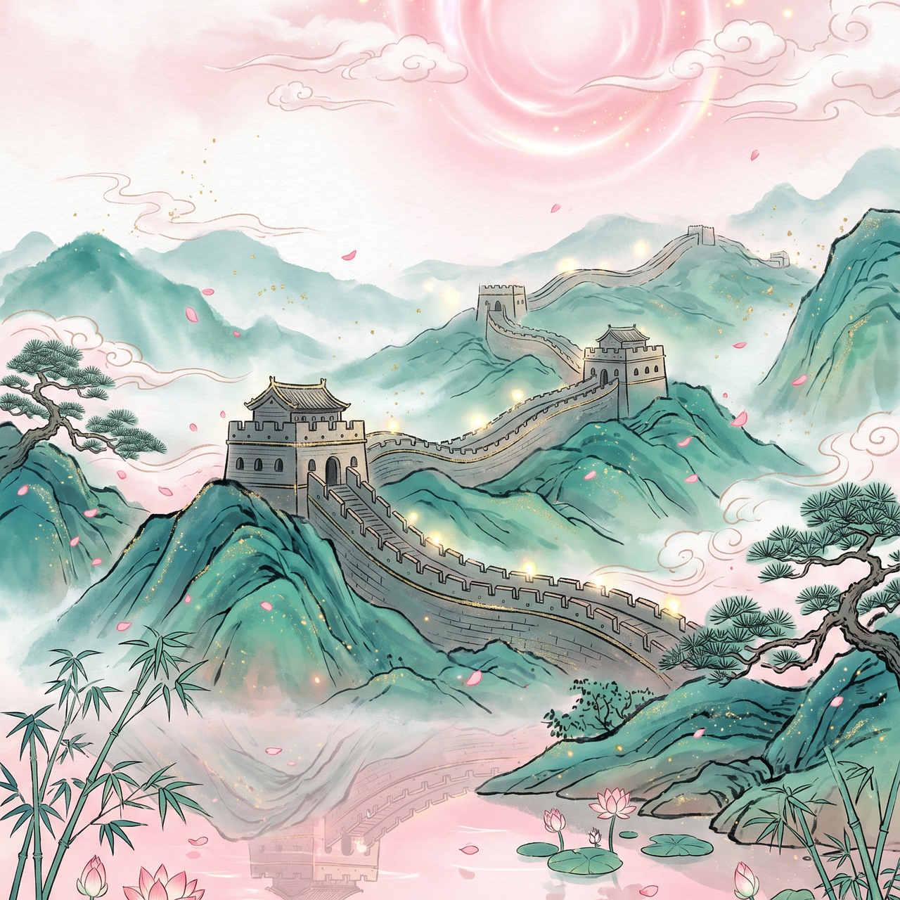 great wall traditional chinese painting nature landscape mountains bamboo blossoms lotus sunrise clouds pink chinese architecture cultural heritage