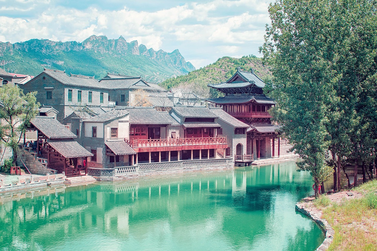 lake ancient buildings village simatai china water reflection buildings old buildings old town ancient town attractions tourism mountains miyun b