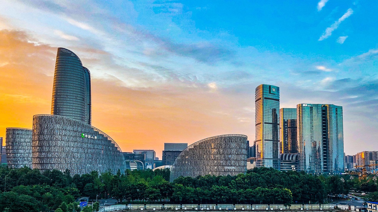 city sunset chengdu financial center nature twilight urban china