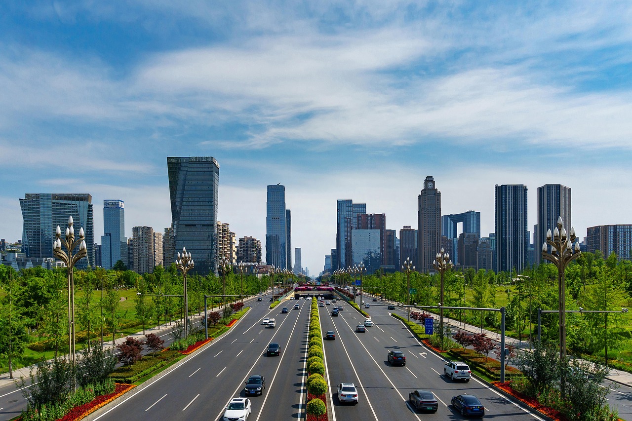 road cars skyline city urban buildings architecture traffic chengdu china the way asia tianfu greenway blue sky landscape chengdu chengdu cheng
