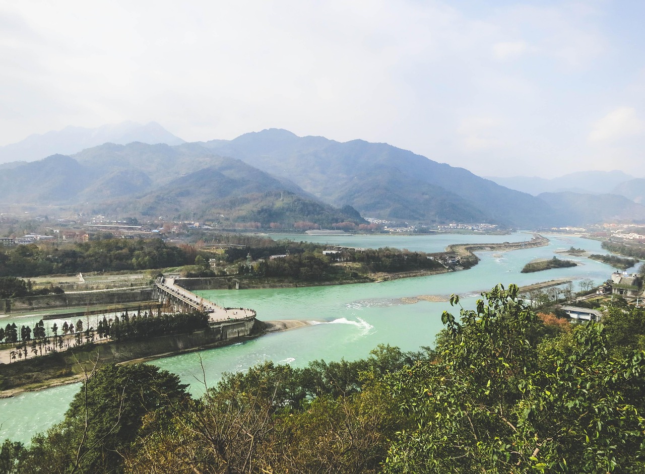 dams  dujiangyan  sichuan  china  water  nature  landscape  mountains  hills  view