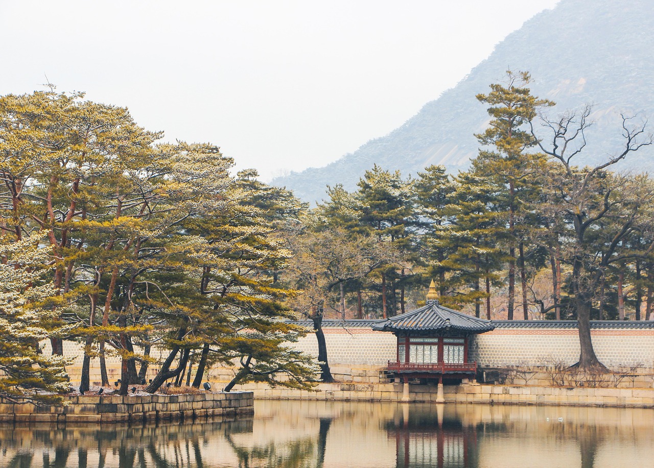 building pond reflection scene nature ancient building ancient wall gyeongbokgung palace seoul korea pavilion snow