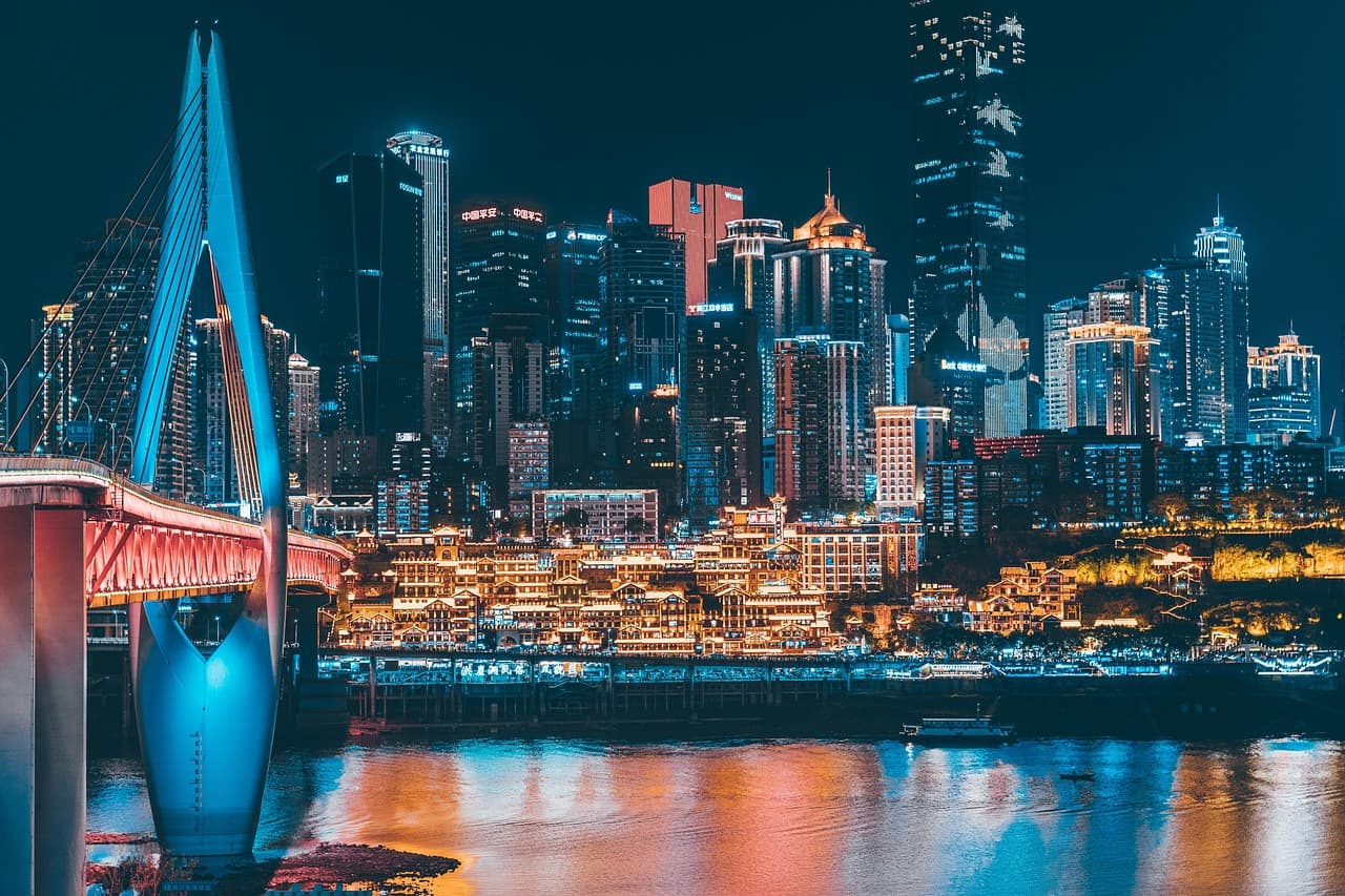 city  bridge  night  river  lights  city lights  skyscrapers  buildings  skyline  downtown  urban  evening  night view  hongya cave  chongqing  china  chongqing