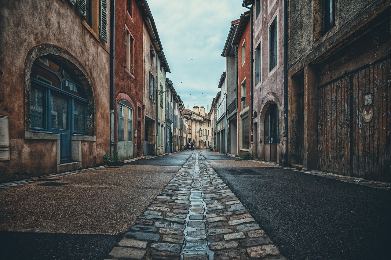 road houses city village old town building architecture side walk path urban facade alley perspective historical road road city city city cit