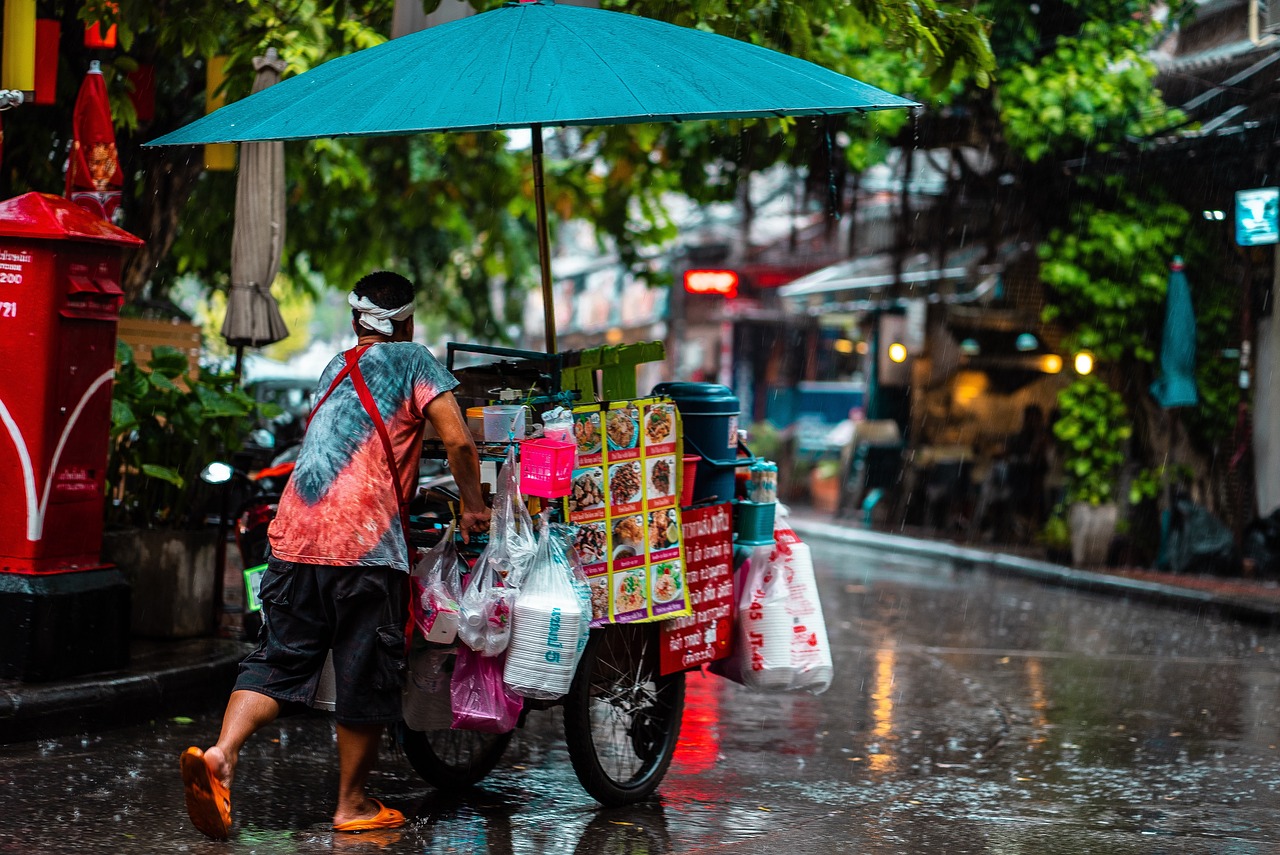 man cart nature street food culture rain umbrella puddle weather wet city