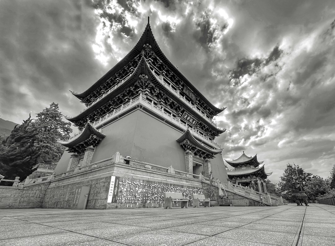 Ancient chinese temple under dramatic cloudy sky