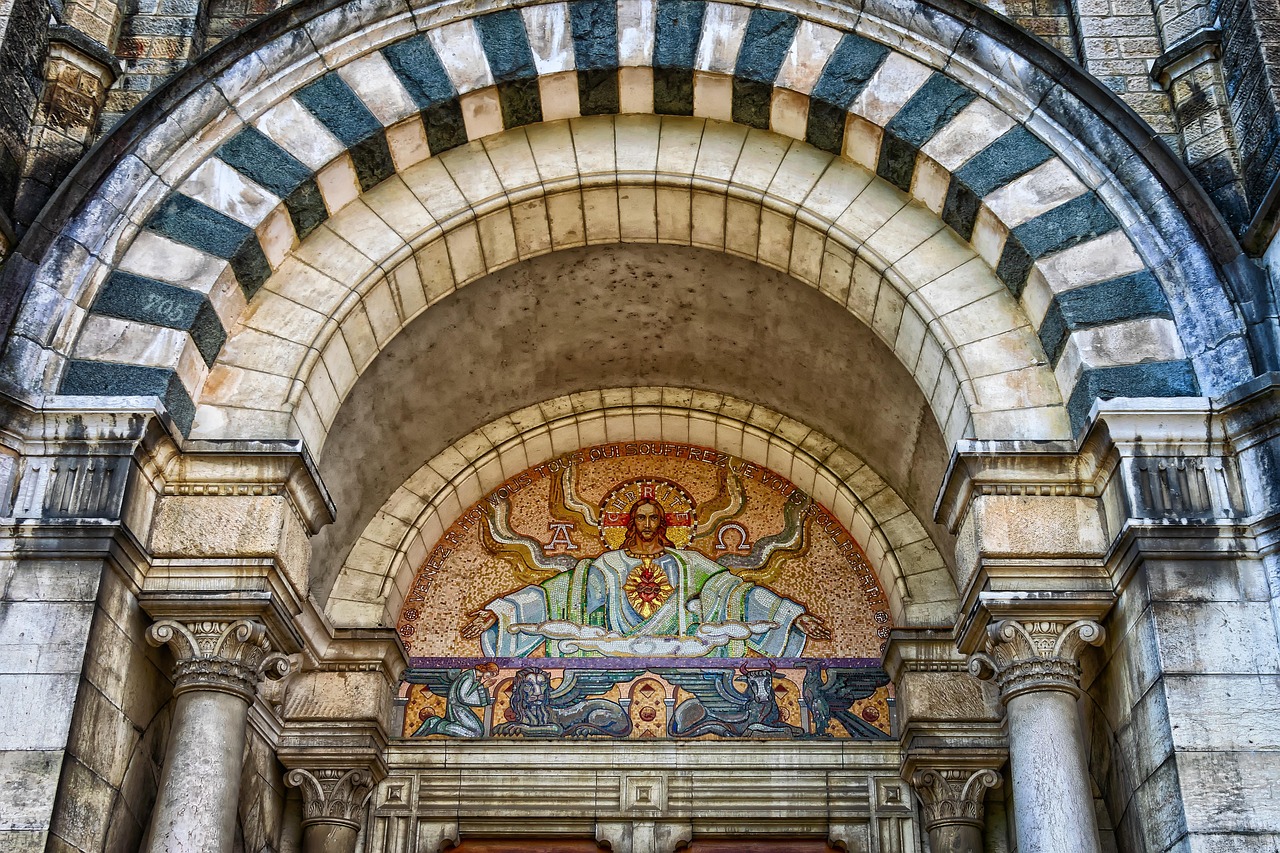 archway door cathedral church mosaic jesus god arch facade gate middle ages building religion historical chapel christianity architecture jesus