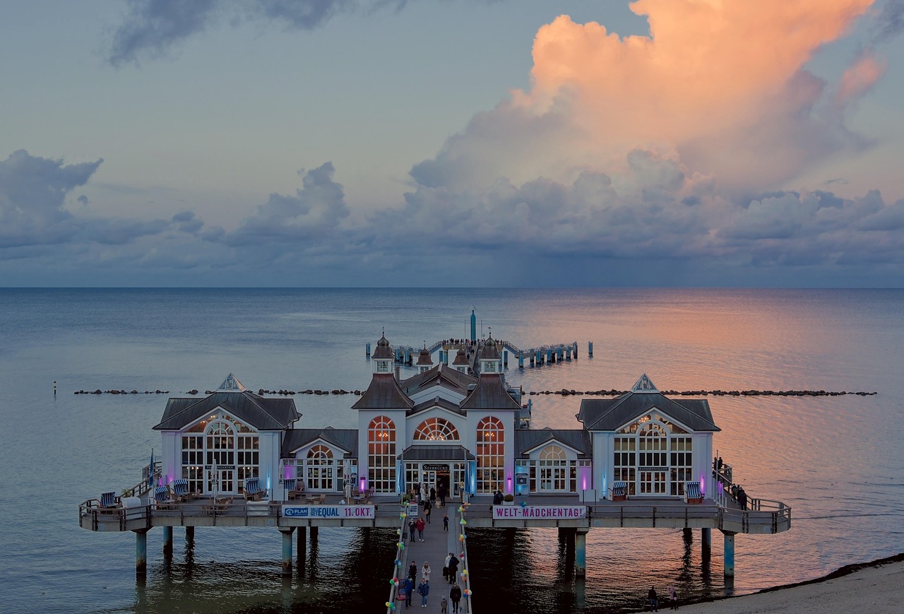 pier nature resort architecture building bridge ocean coast sea tourist attraction destination sunset dusk baltic sea pier binz binz sellin ger