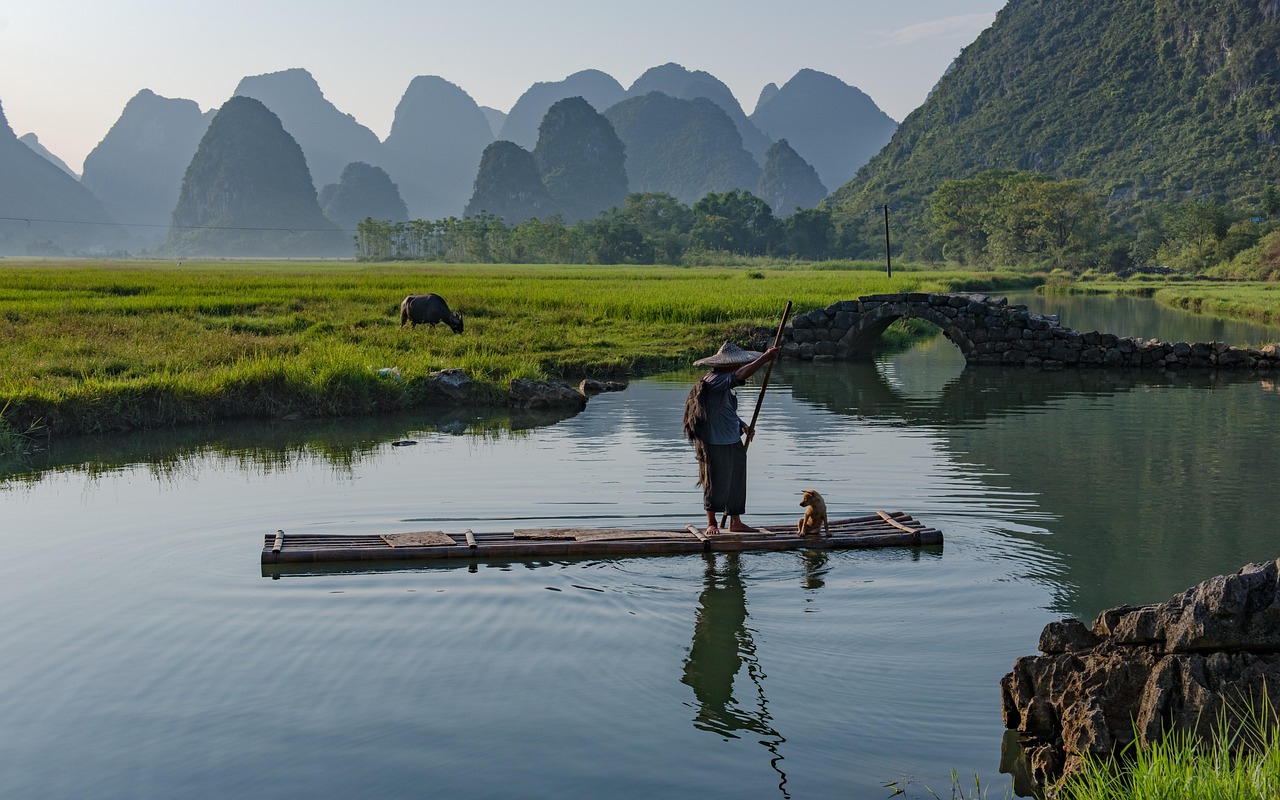 river fishermen bridge nature mountains guilin china countryside landscape