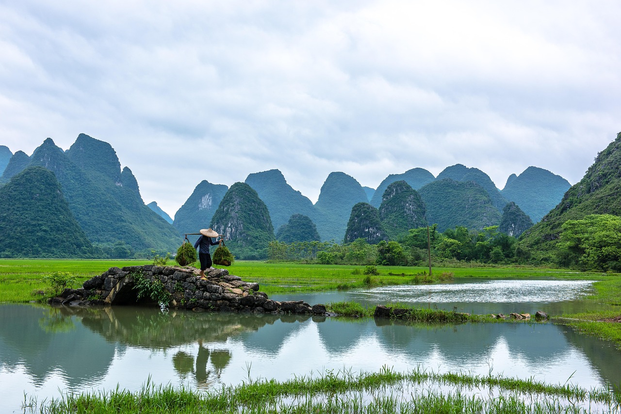 landscape  bridge  mountains  water  nature  farmer  people  summer  reflection  guilin  china  guilin  guilin  guilin  guilin  guilin