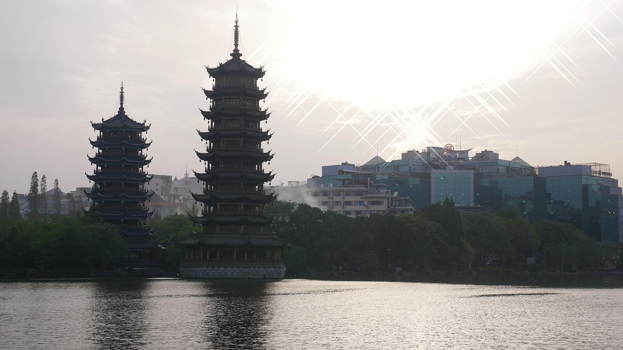 pagoda  china  guilin  lake  nature  waters  travel  heaven