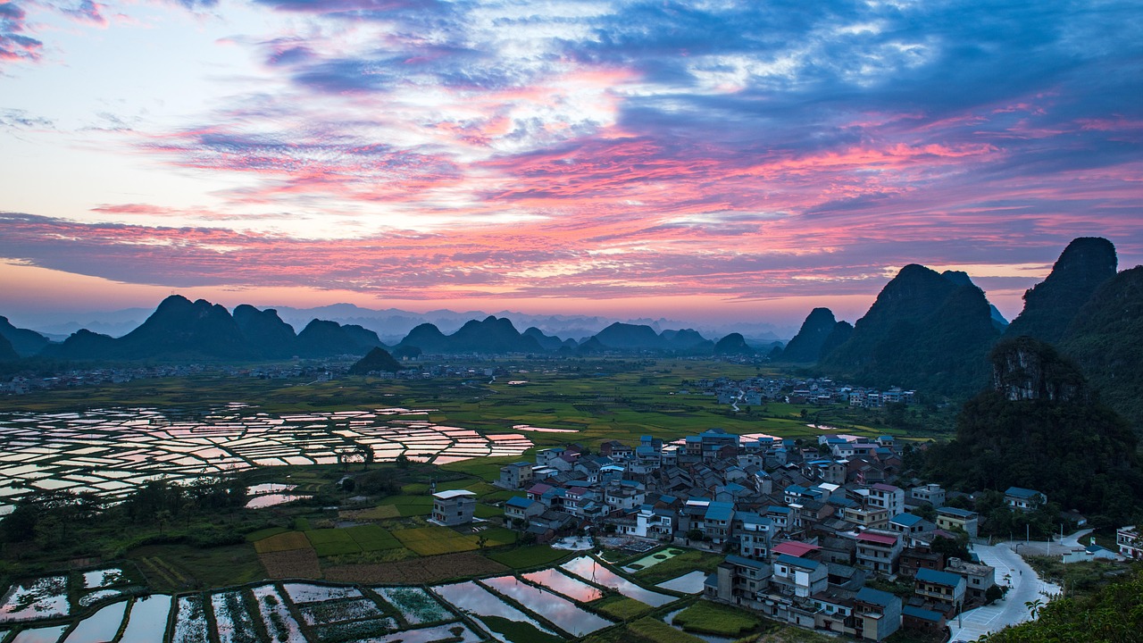 sunrise  glow  nature  clouds  fields  village  houses  water  mountains  countryside  guilin  china  landscape