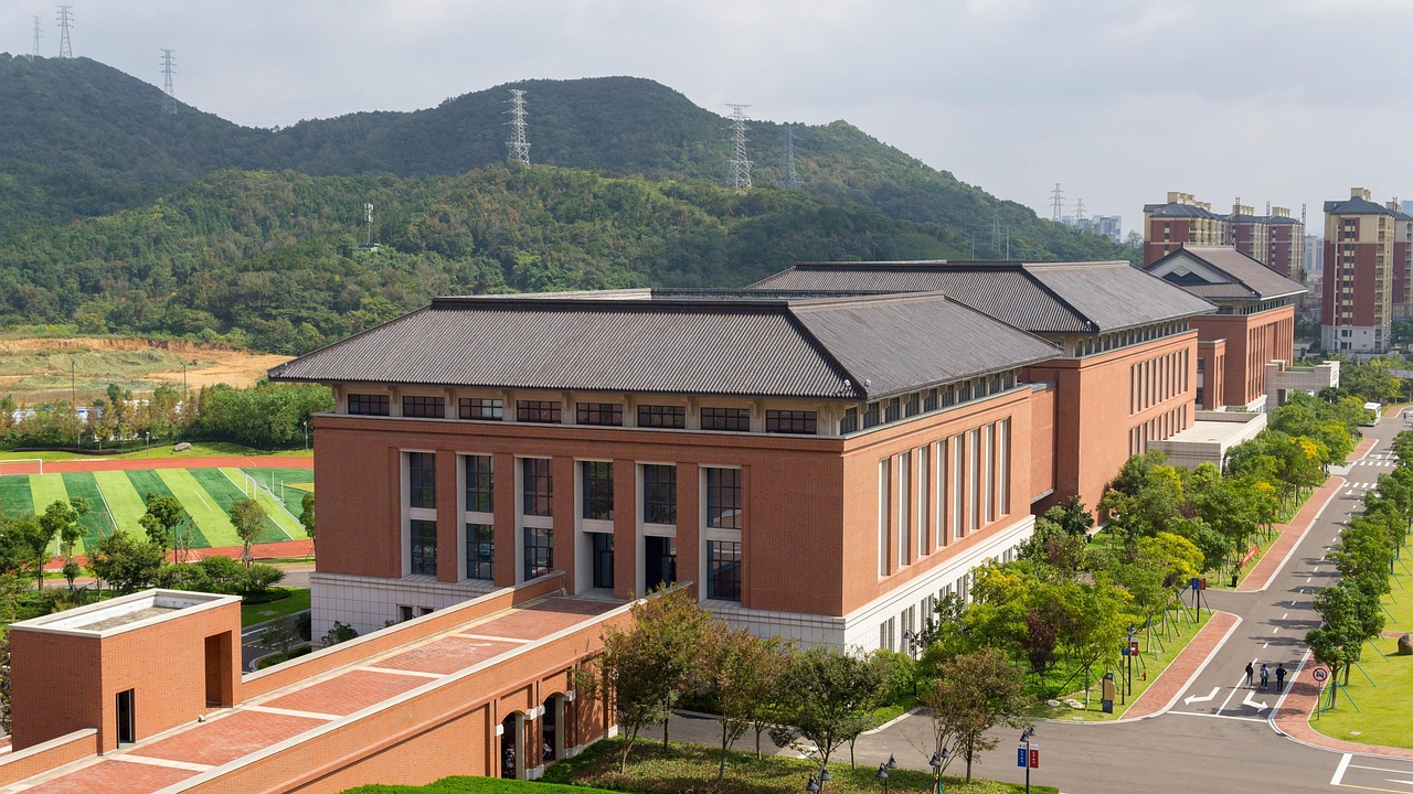 zhejiang university  zhoushan  school  campus  building  red  roof  overlook