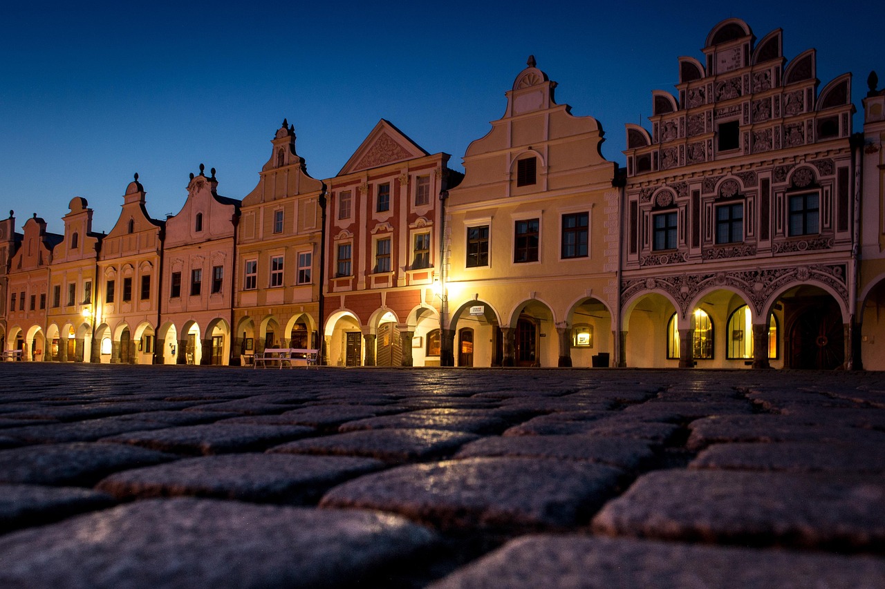 square  old  night  night sky  city  architecture  czechia  telč  lights  houses  urban  buildings  nature  historical  center  sky  cities  building  historica