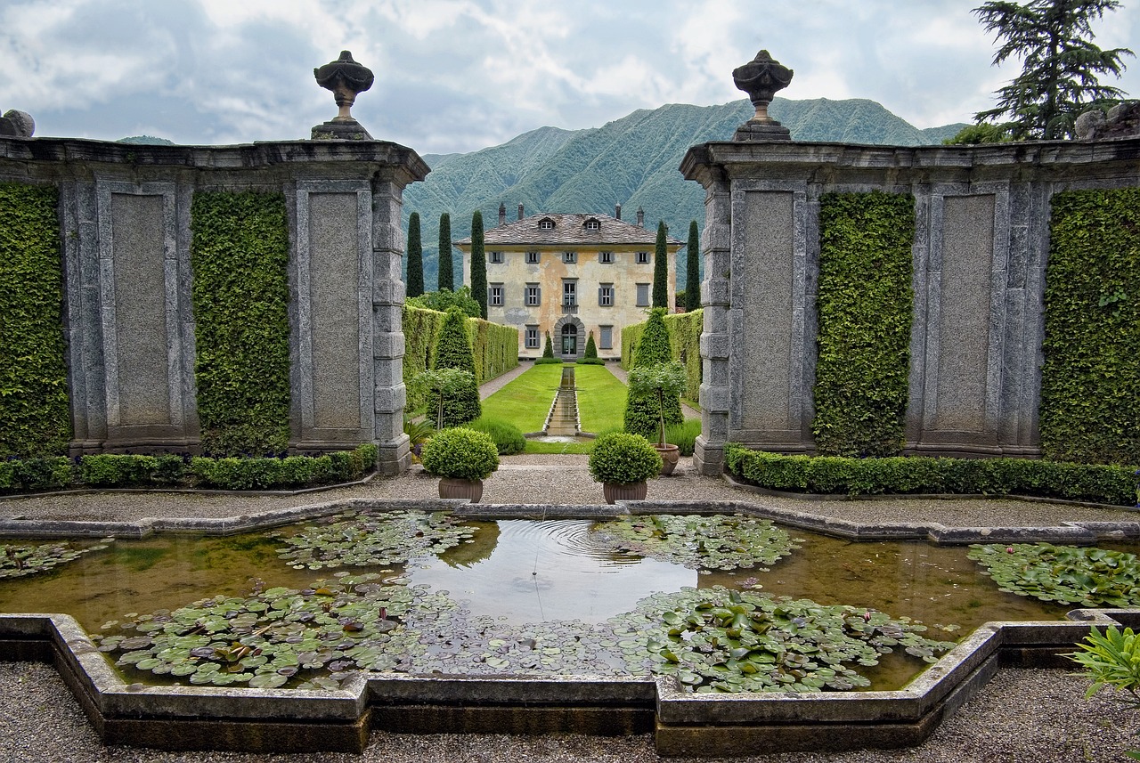 villa balbiano  fontana  garden  water lilies  water lily  architecture  villa  nature  construction  historical building  tourism  cypress trees  lake como  lo