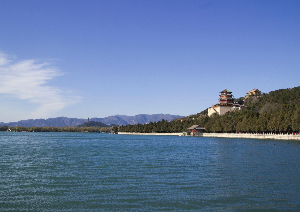 lake  port  boats  ferry  temple  tower of buddhist incense  hill  harbor  landmark  tourist attraction  scene  kunming lake  longevity hill  summer palace  bei