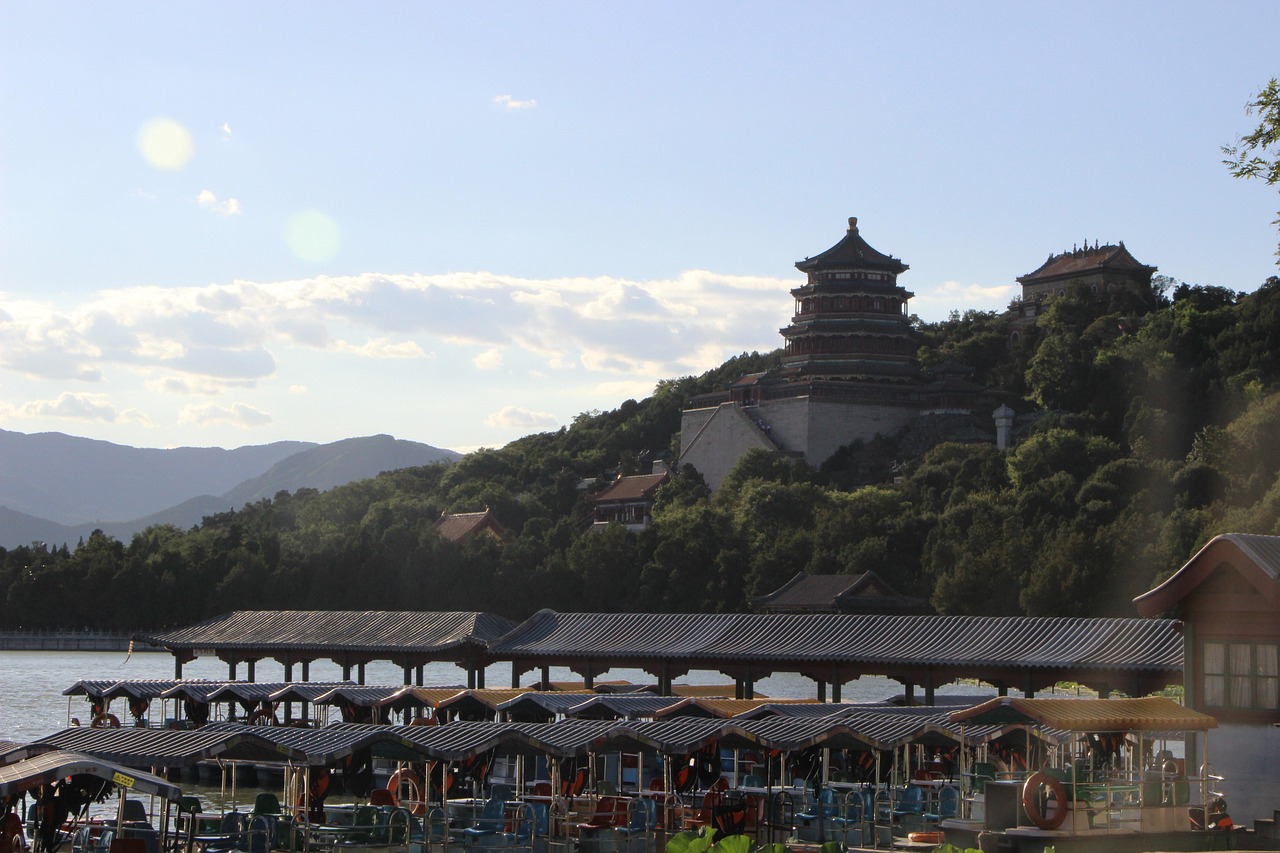 tower of buddhist incense  lake  port  boats  ferry  temple  hill  harbor  landmark  tourist attraction  scene  kunming lake  longevity hill  summer palace  bei