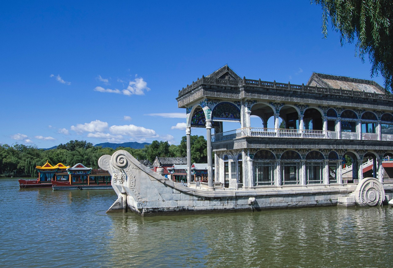 ferry lake port boats hill harbor landmark tourist attraction scene kunming lake summer palace beijing china stone boat marble boat beijing beij