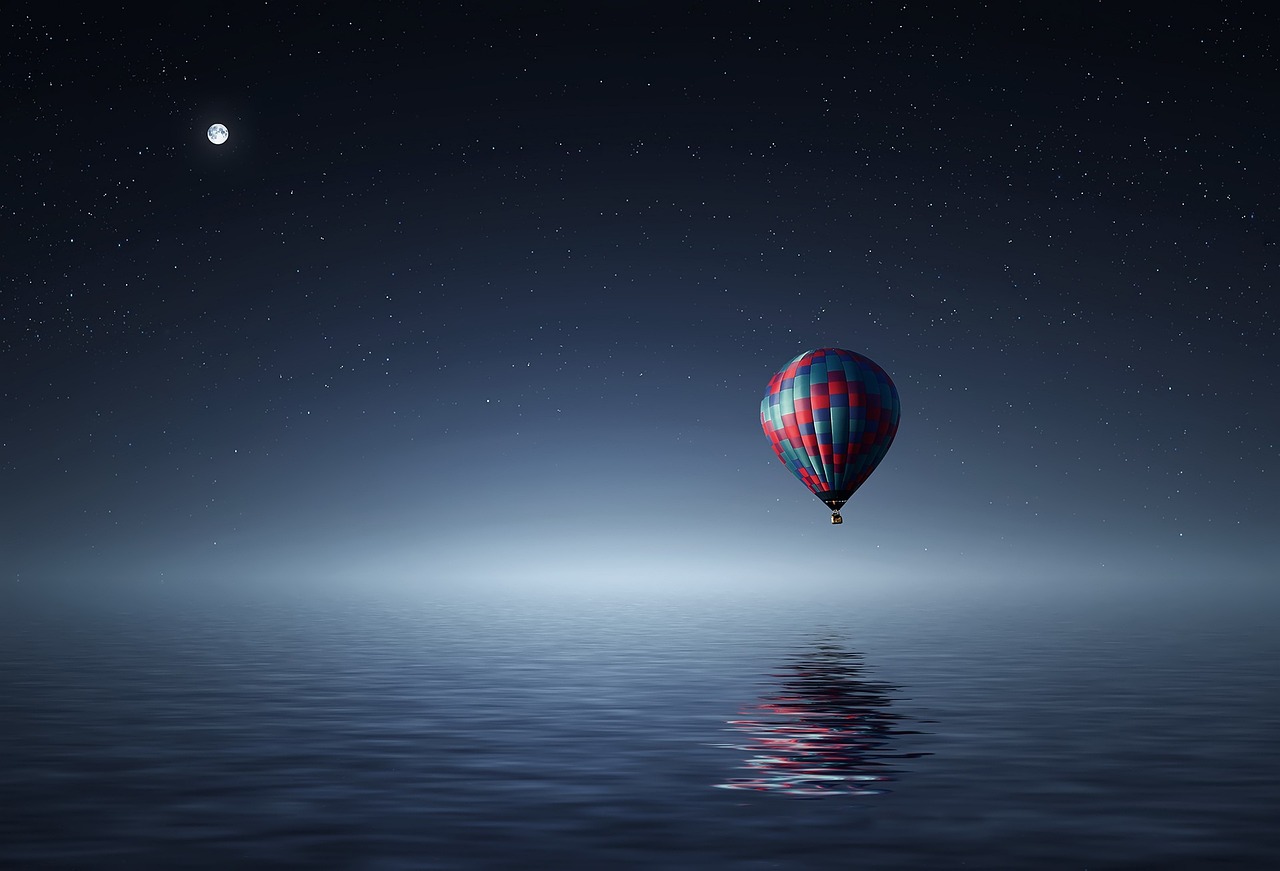 hot air balloon lake balloon sky nature clouds night reflection moon moonlight full moon floating dream night sky fantasy blue sky