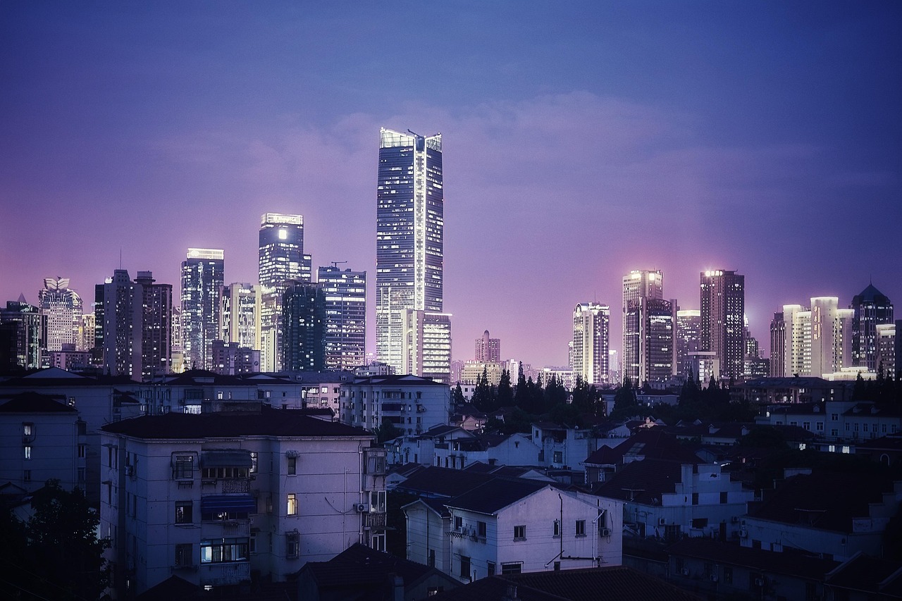 shanghai city night landscape skyscrapers buildings metropolis downtown cityscape architecture panorama business district skyline office buildings