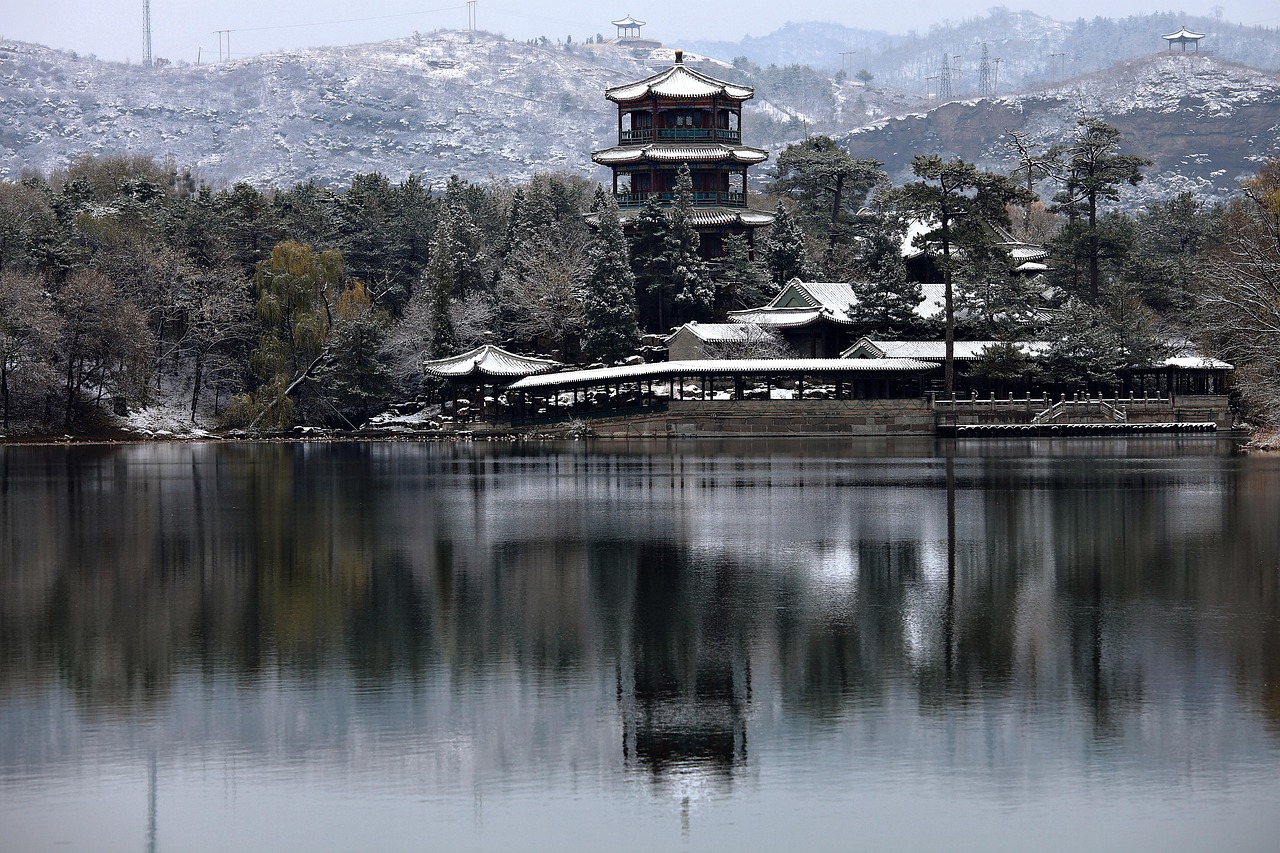 shanghai jinshan pavilion lake snow pavilion forest trees resort late autumn nature landscape park