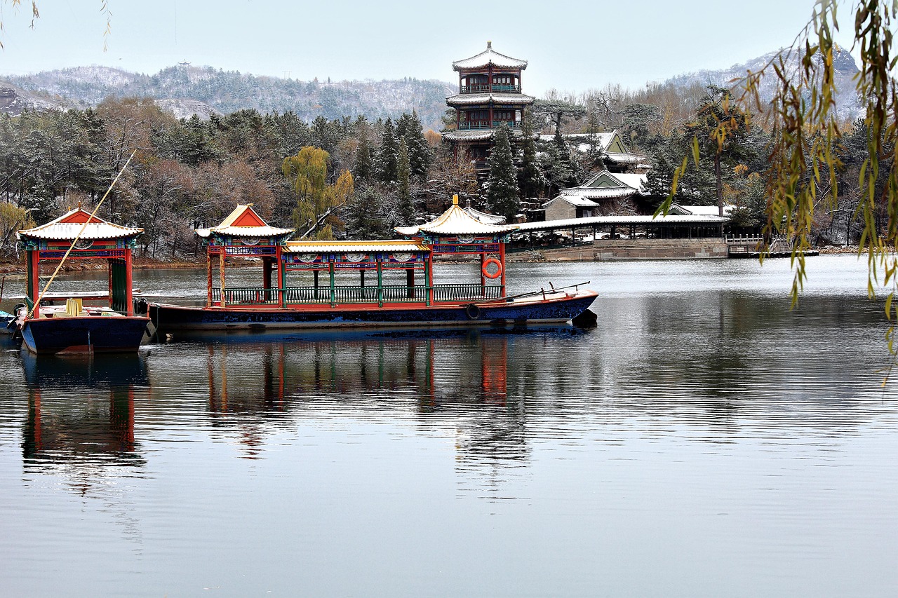 shanghai jinshan pavilion lake snow pavilion forest trees resort late autumn nature landscape park ferry
