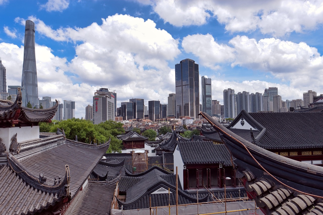 shanghai  new  old  traditional  chinese  china  houses  nature  roofs  skyscrapers  blue  sky  city  blue sky  big  world  future