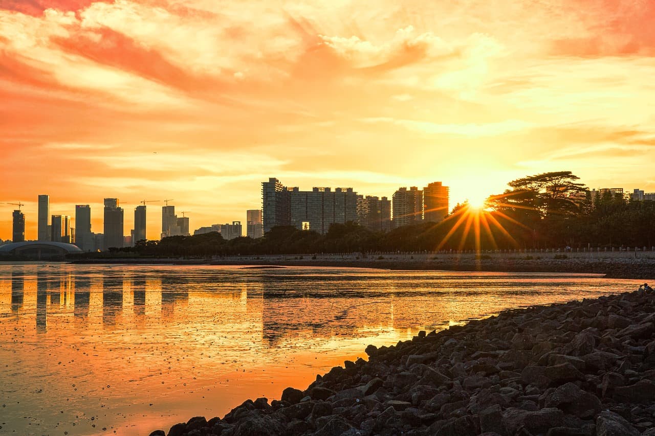 sunset  lake  city  sunshine  evening sky  clouds  sky  city view  skyline  shenzhen bay  buildings  nature  landscape  shenzhen bay port