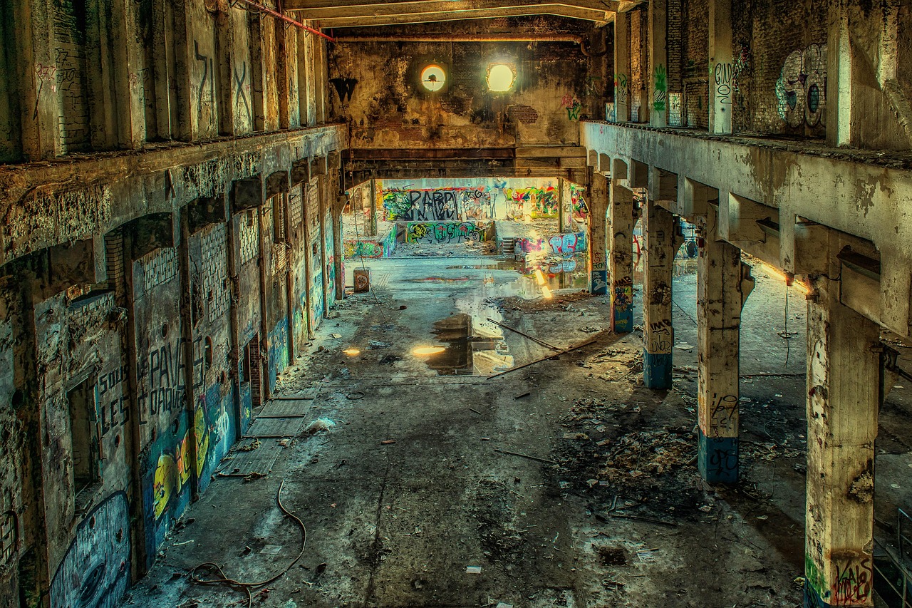 lost places factory hall abandoned lapsed underground ruins demolition old factory destruction dirt columnar pillars transience old places abando