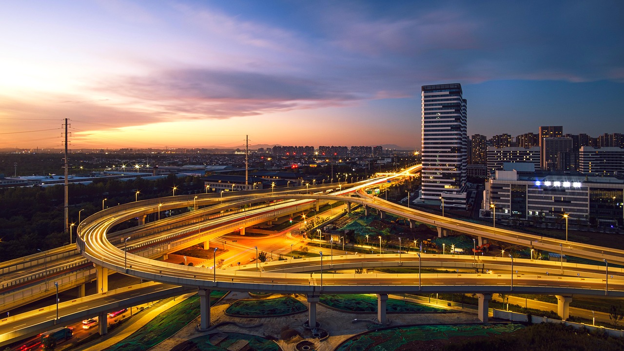 tall buildings high-rise building circular bridge city sunset sky city nature xi'an