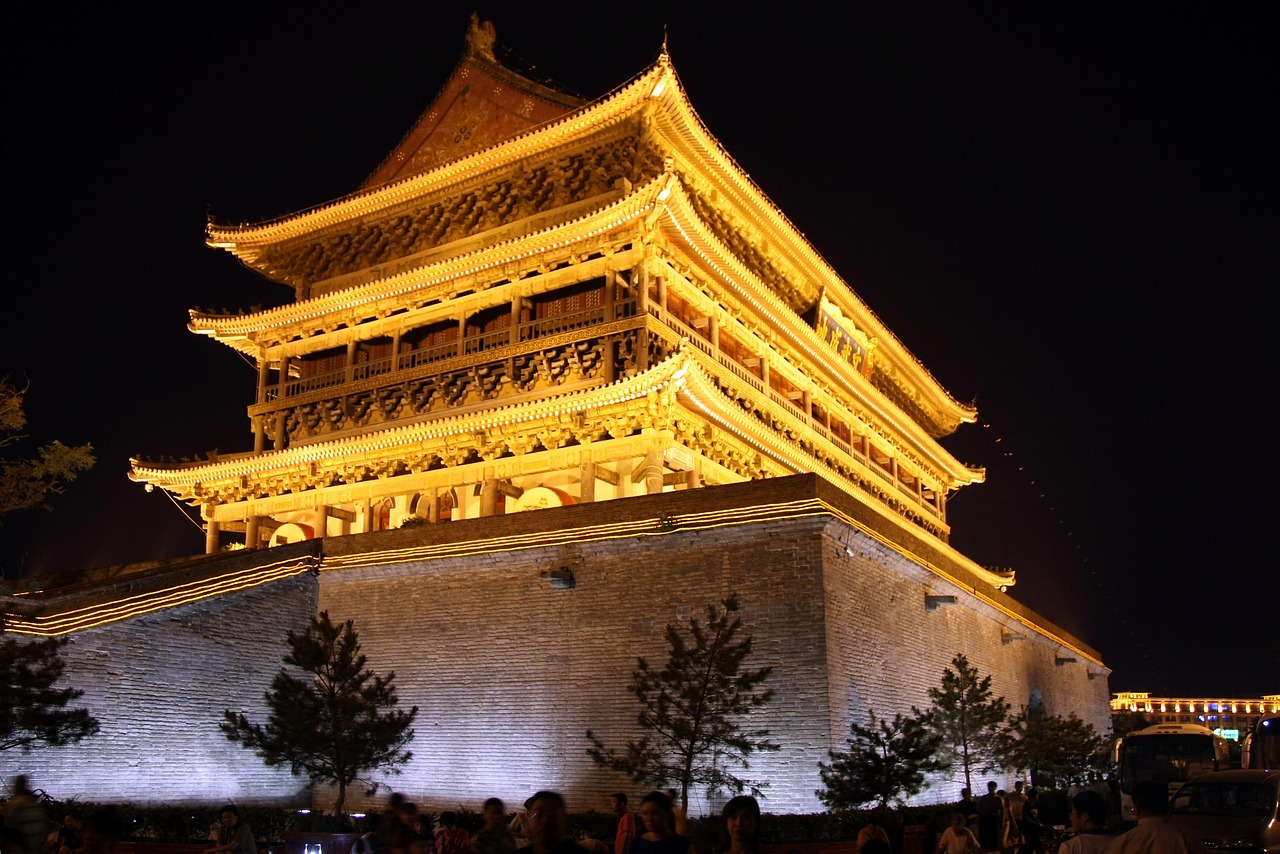 xian  china  temple  building  nature  night sky  night  evening  lights  silhouettes  trees  glow  outside  architecture  sky
