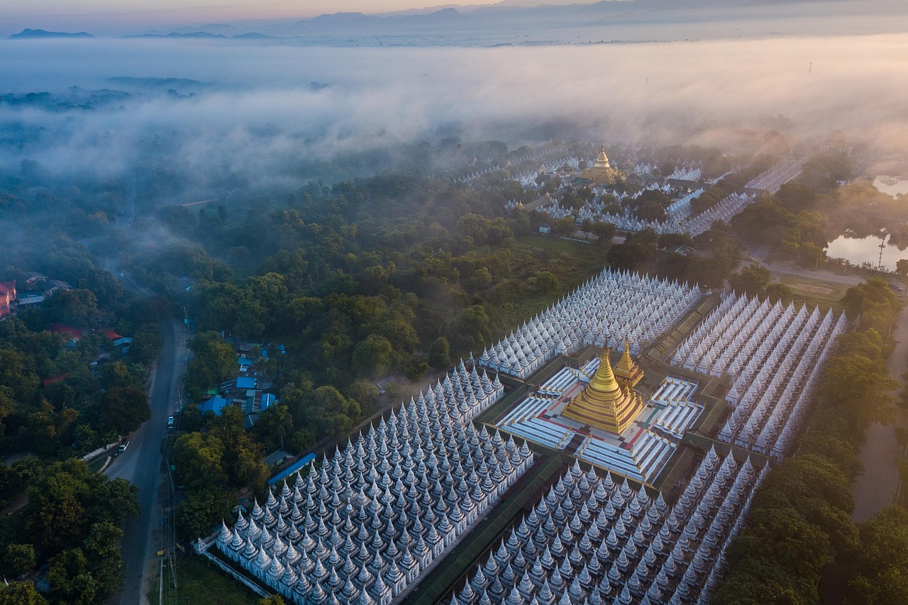 kuthodaw pagoda temple city pagoda landmark tourist attraction historic historical scenery buddhist stupa mandalay myanmar asia aerial view temple