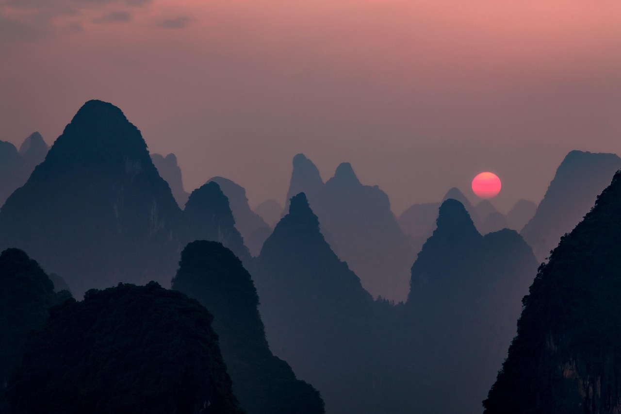 sunset night beautiful mountain twilight contour evening laozhaishan nature guangxi china