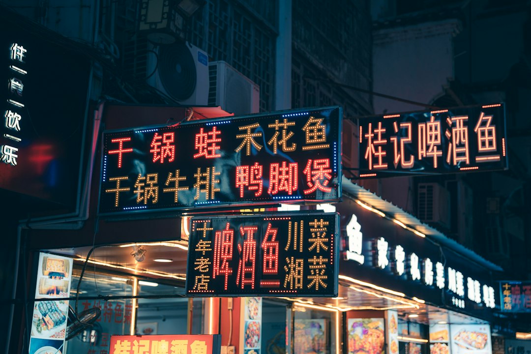 Neon signs with chinese characters at night