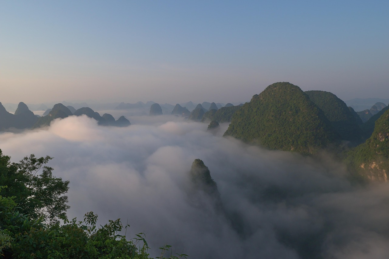 sunrise  yangshuo  china  fog  mountains  hill  tv tower  landscape  mist  tree  nature  outdoors  scenic  countryside  morning  foggy  yangshuo  yangshuo  yang