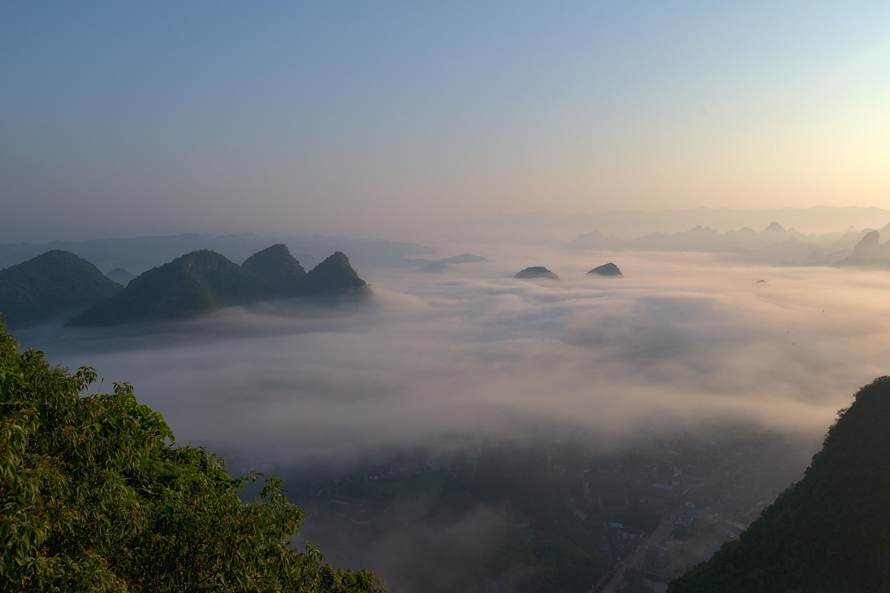 sunrise yangshuo china fog city nature tv tower China Guangxi Guilin