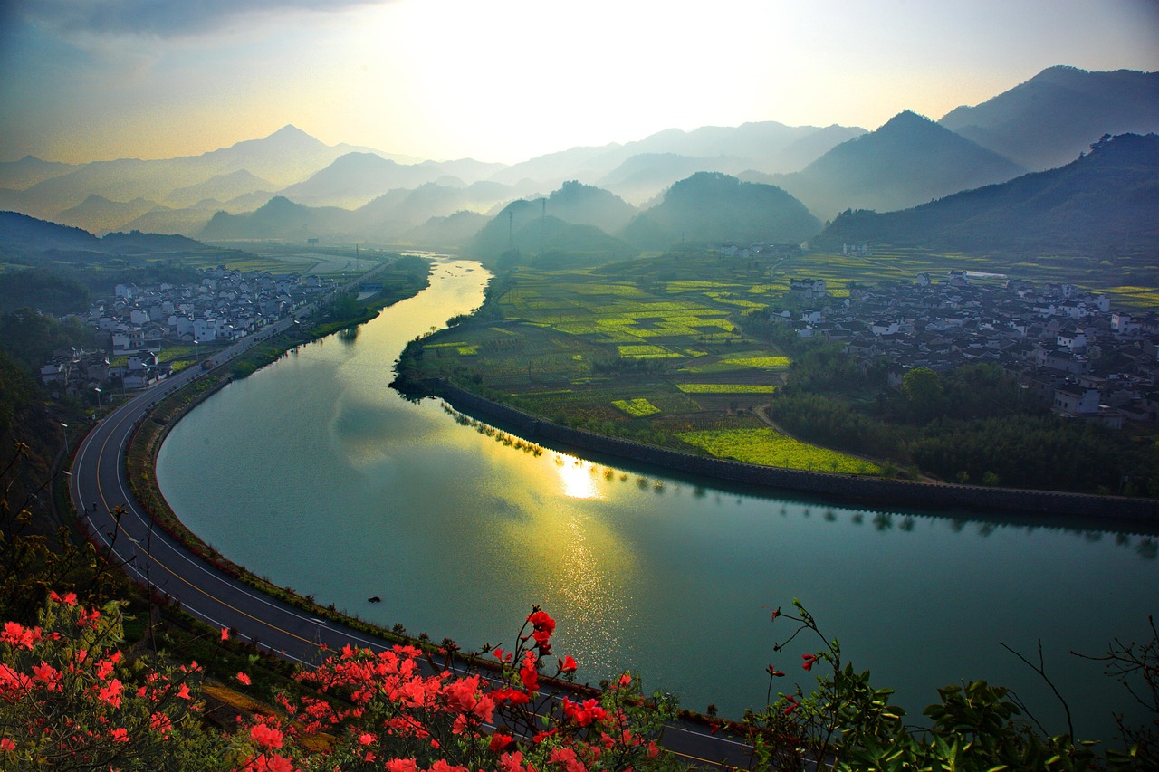 china  anhui  wannan  xin'anjiang  upstream  spring  canola flower open  sunrise  nature  mountains and rivers