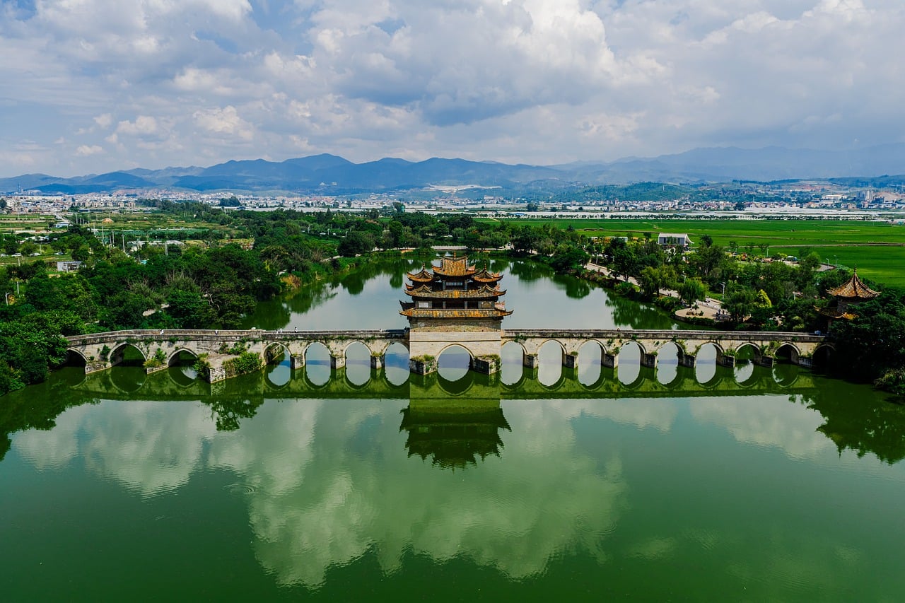 aerial  lake  bridge  boat  nature  landscape  summer  water  field  architecture  swamp  wetland  China  Yunnan  Honghe Hani and Yi Autonomous Prefecture