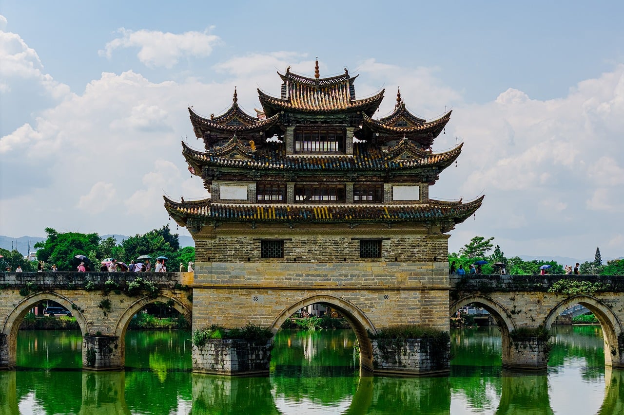 aerial  lake  bridge  boat  nature  landscape  summer  water  field  architecture  swamp  wetland  China  Yunnan  Honghe Hani and Yi Autonomous Prefecture