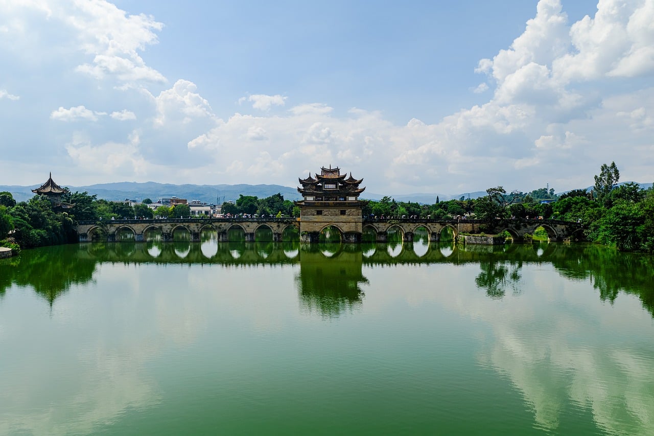 aerial  lake  bridge  boat  nature  landscape  summer  water  field  architecture  swamp  wetland  China  Yunnan  Honghe Hani and Yi Autonomous Prefecture