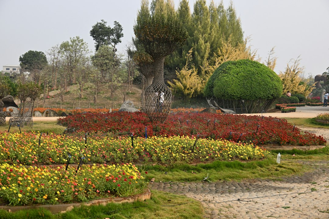 A beautifully manicured garden with colorful flowers and trees