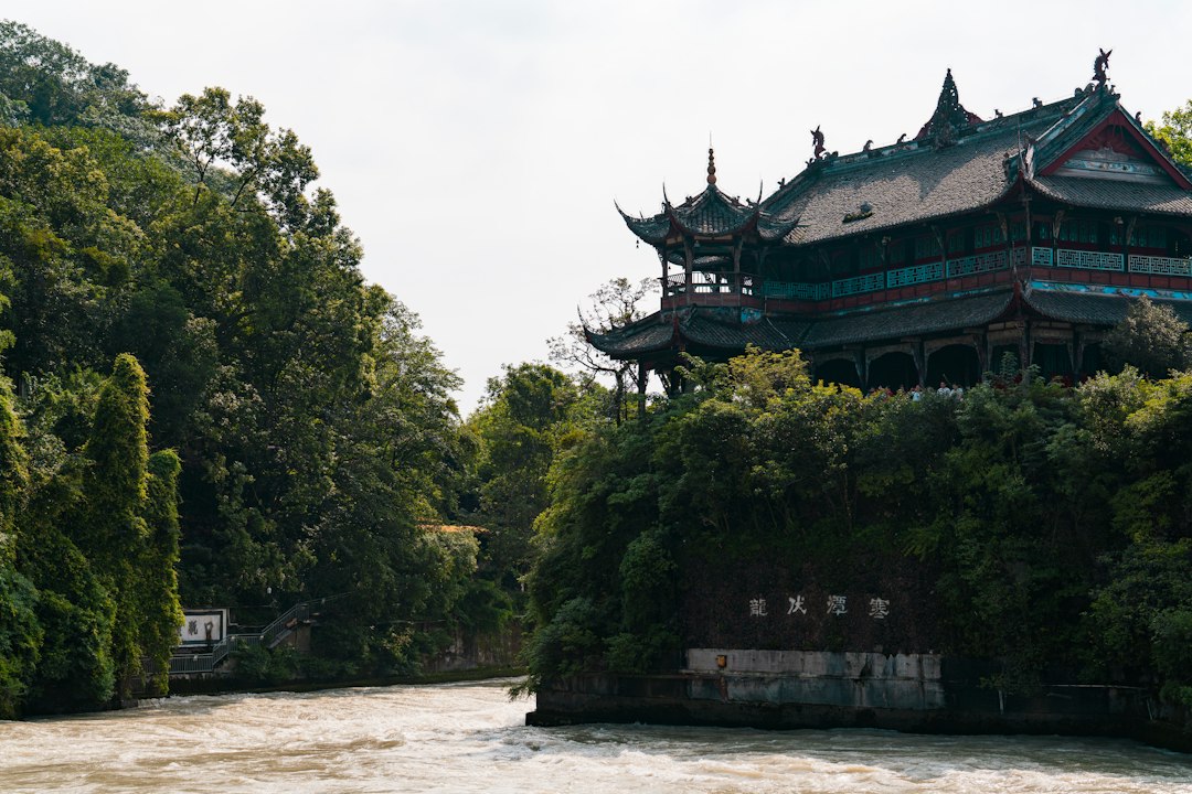 Traditional chinese building nestled in lush green forest