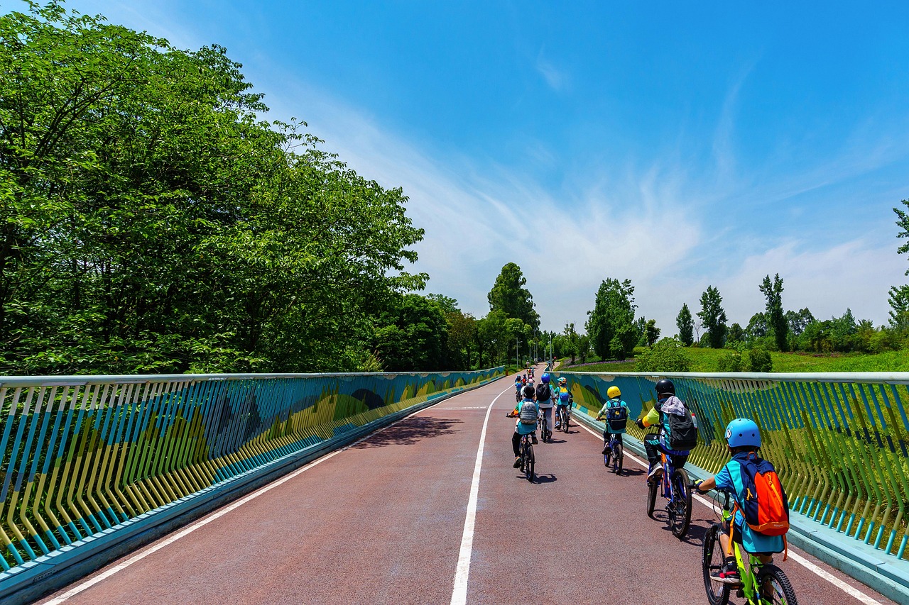 cycling  children  park  path  bike lane  bike road  chengdu  nature  china  tianfu greenway  summer  blue sky  landscape