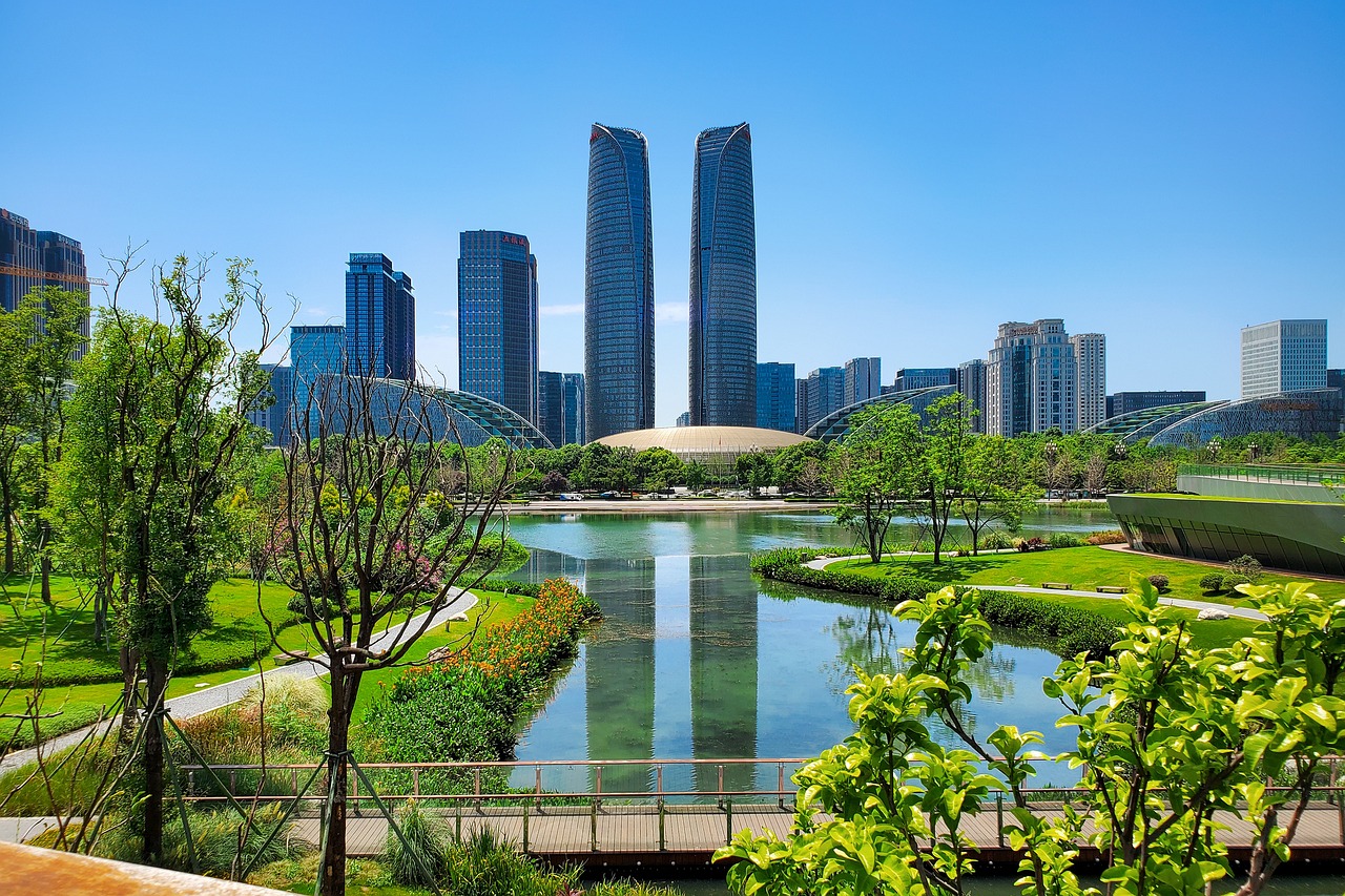 park  lake  trails  pathway  nature  road  buildings  skyscraper  city  landscape  chengdu  natural
