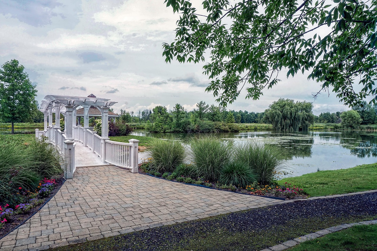 garden park bridge walking walking bridge wooden pathway path summer pond wedding nature romantic scenery landscape beautiful