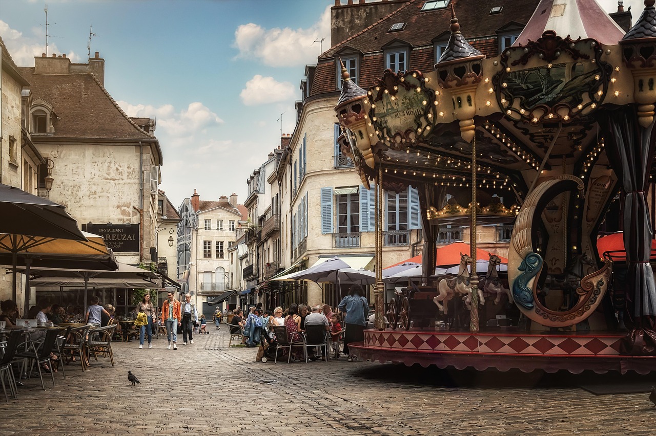 carousel  old town  urban  dijon  france  street  pedestrian zone  people  downtown  shopping street  city  old  historical  street photography  dijon  france  