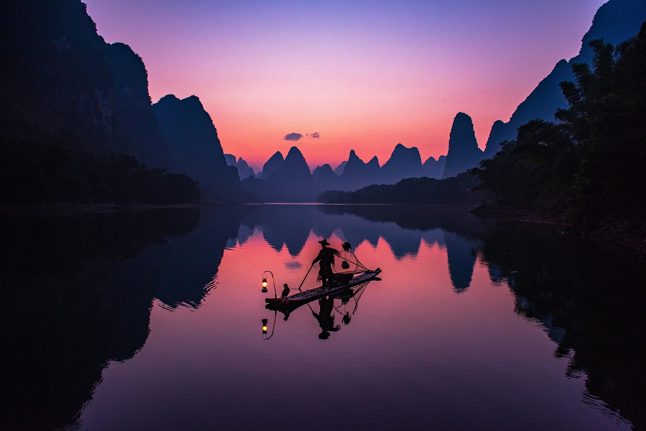 china sunset li river guilin li jiang yangshuo mountains water fishing nature fisherman
