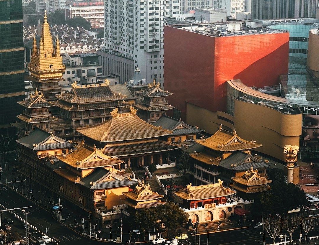 An aerial view of a city with tall buildings